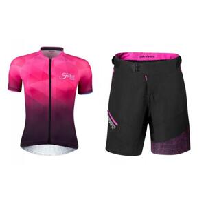 Force GEM růžový dámský cyklodres + Force STORM černo-růžové dámské cyklokraťasy - XL + XXL